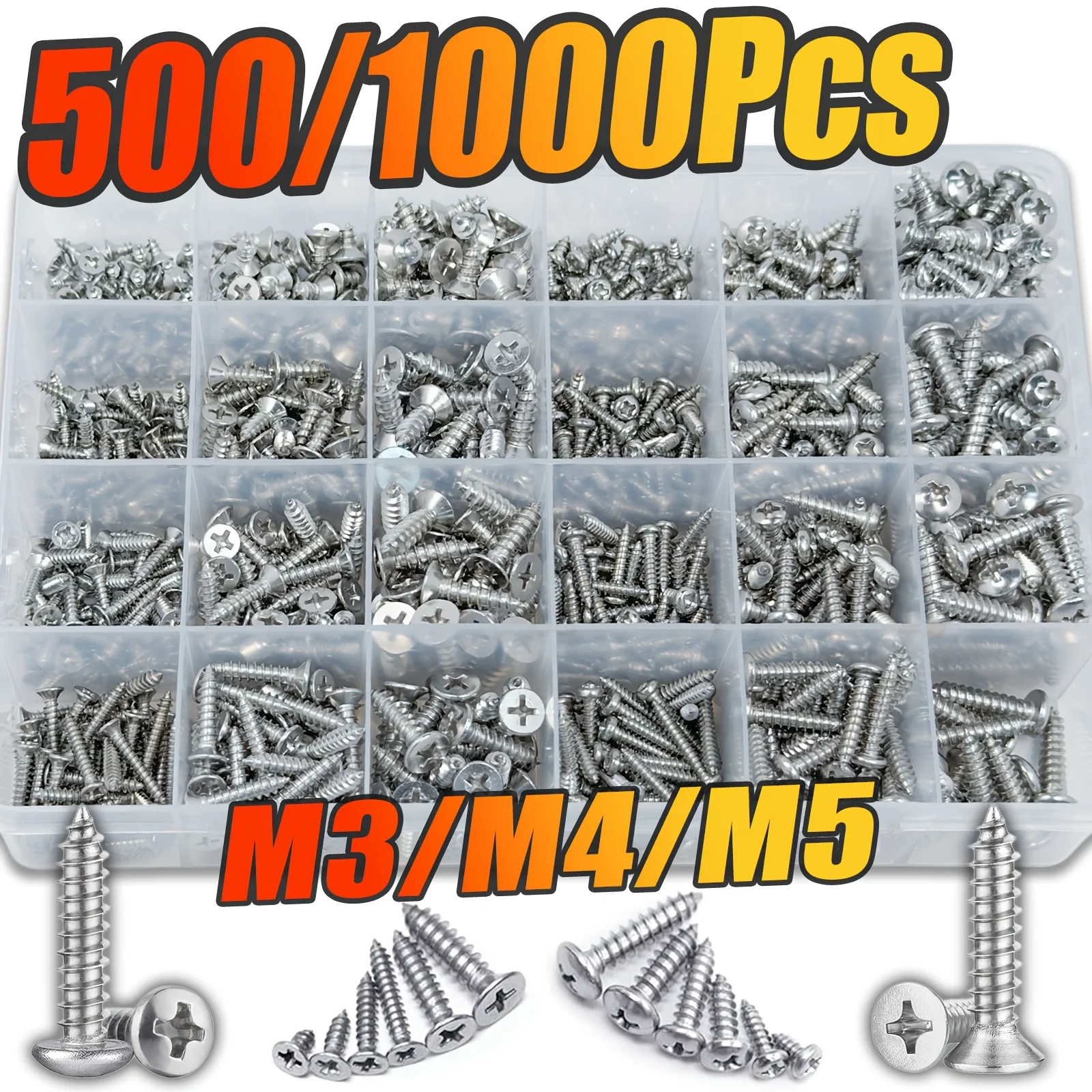 500/1000개 셀프 태핑 나사 모음 세트, M3 M4 M5 304 스테인리스 강판 나사, 데크 드라이와용 필립스 목재 나사