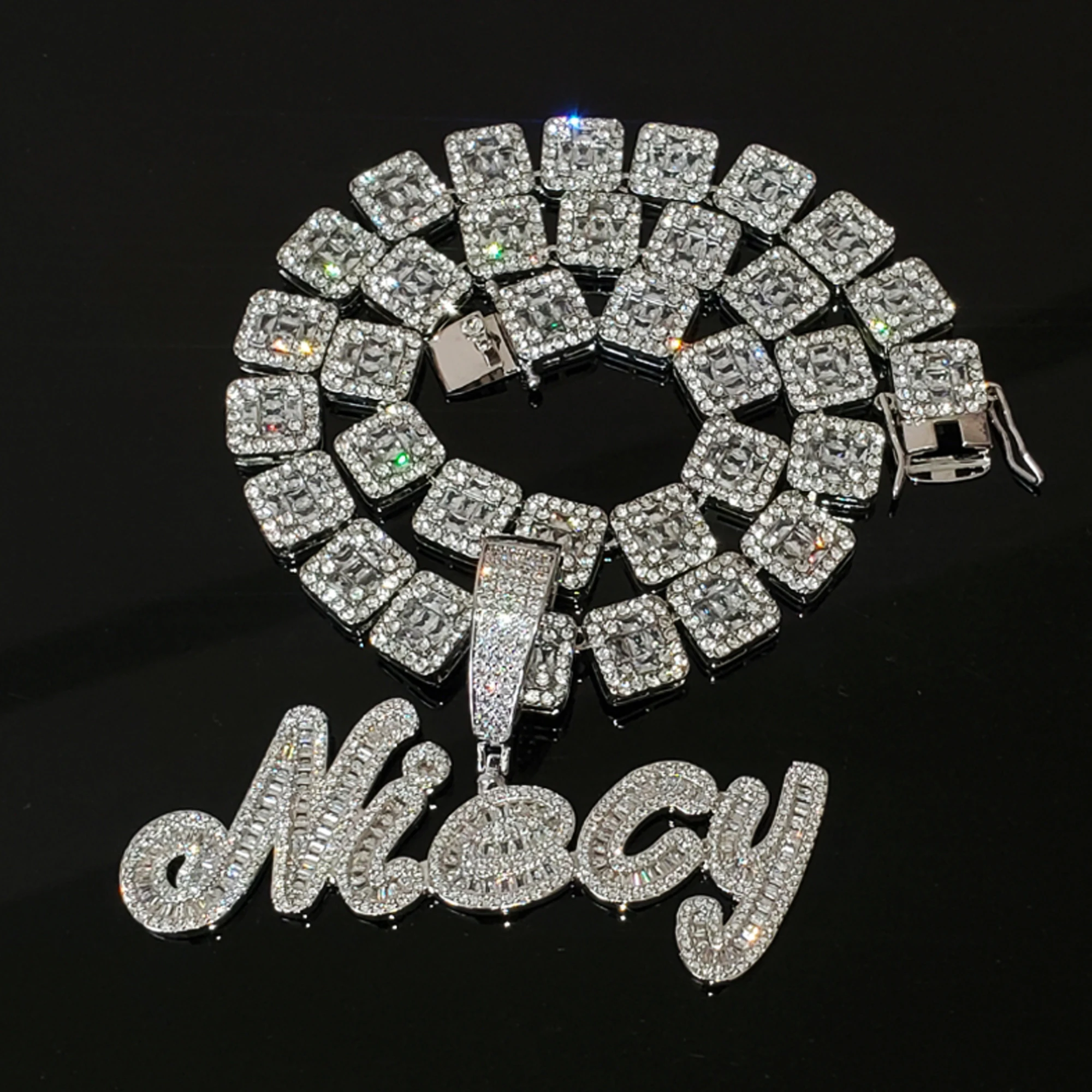 Blingbling Custom Brush Cursive Letters Name Necklace Icy Baguettes Nameplate With Big Size Tennis Chain Hot Trendy Accessories