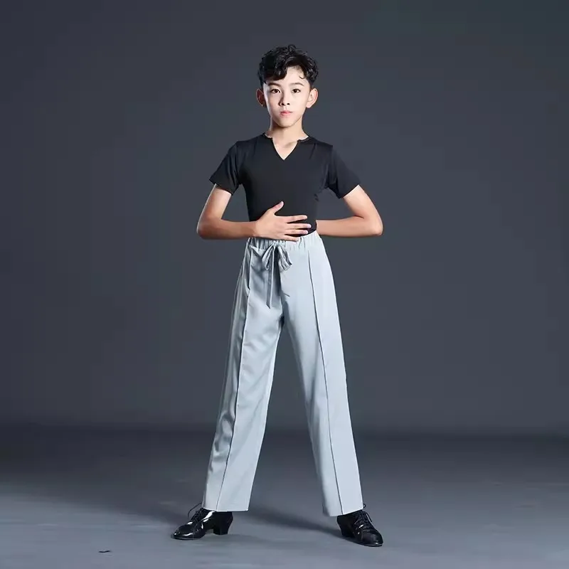 Boy Latin Dancing Sets boys Latin Dance clothing Children Rumba/Cha Cha/Samba Dancewear black Lace-up pants dance pants