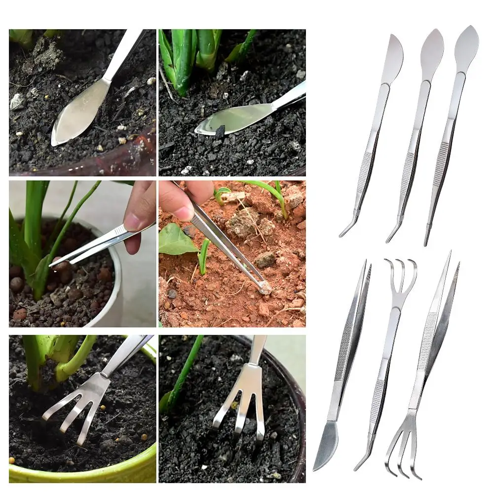 

2-in-1 304 Stainless Steel Root Rake with Bonsai Tweezers with Ergonomical Handle Soil Farming Tool for Succulents Crafting X1Y3