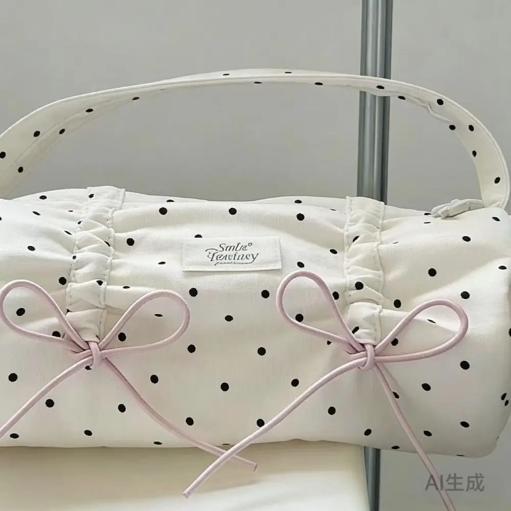 INS 폴카 도트 보우 디자인 연필 케이스 휴대용 휴대용 문구 파우치 대용량 보관 가방 선물