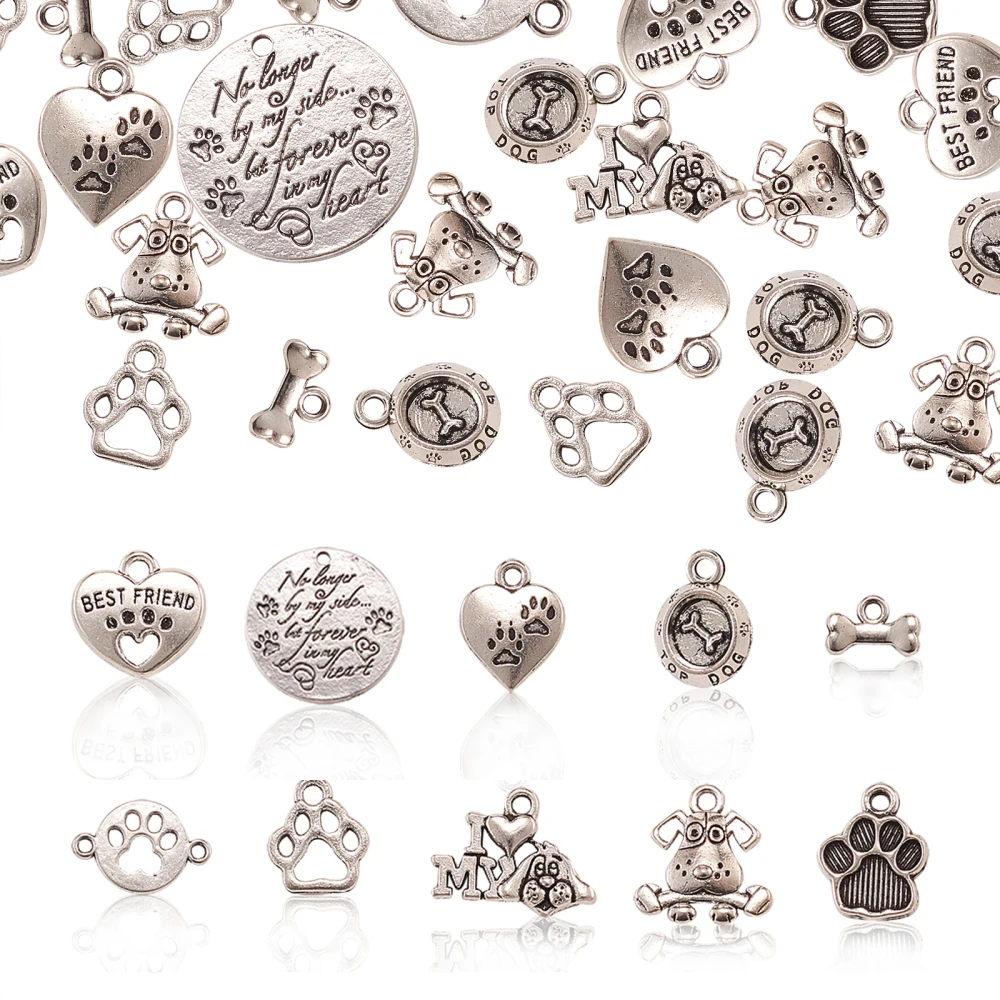 PandaHall 100pcs Antique Silver Cat Dog Pet Charms Alloy Cute Pet Theme Charms Tibetan Pet Charms for Jewelry Making Bracelets