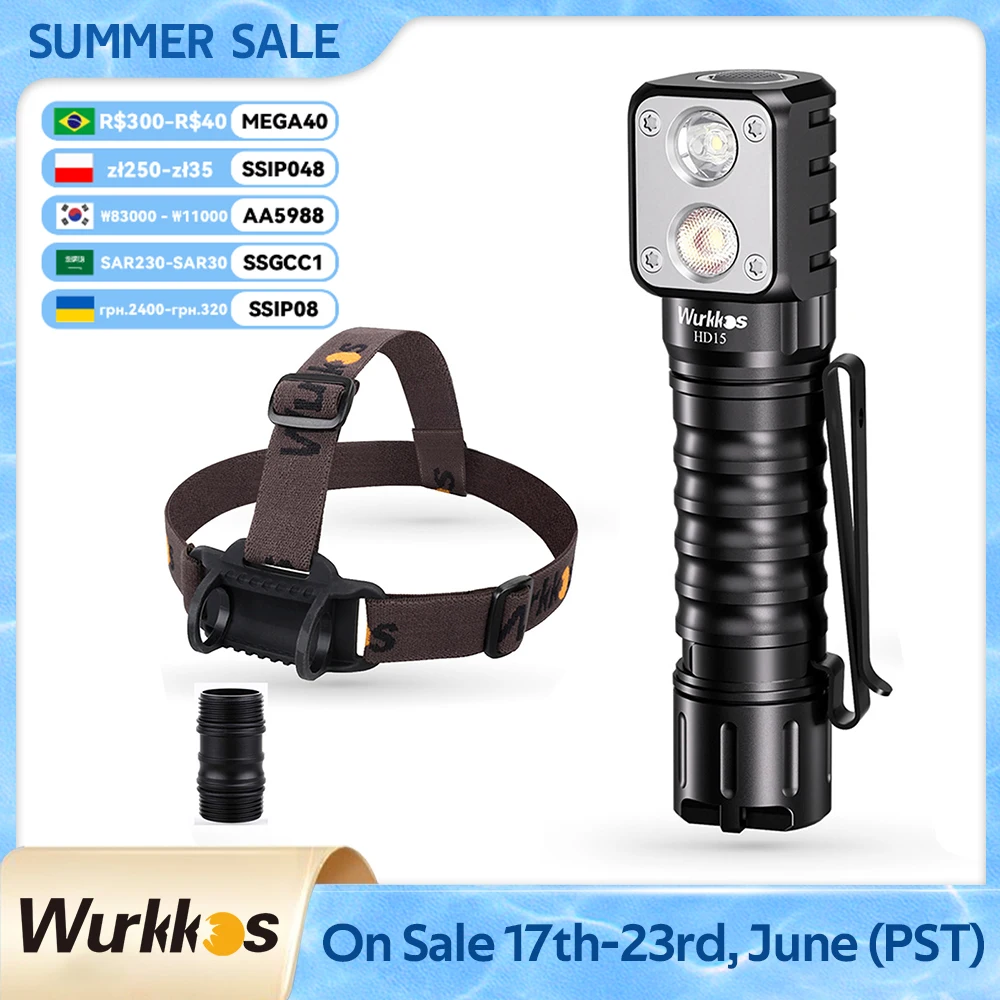 Wurkkos HD15 Fishing Headlamp 2000LM EDC Rechargeable LED Lamp 18650 Power Bank IPX8 Camping Work Light with Magnetic Tail Cap