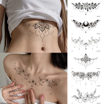 6 Adesivi per Tatuaggi Floreali Sexy, Serie Scura, Tatuaggi Floreali di Alta Qualità per Uomini e Donne, per Petto, Parte Inferiore della Schiena, Braccio e Tempia