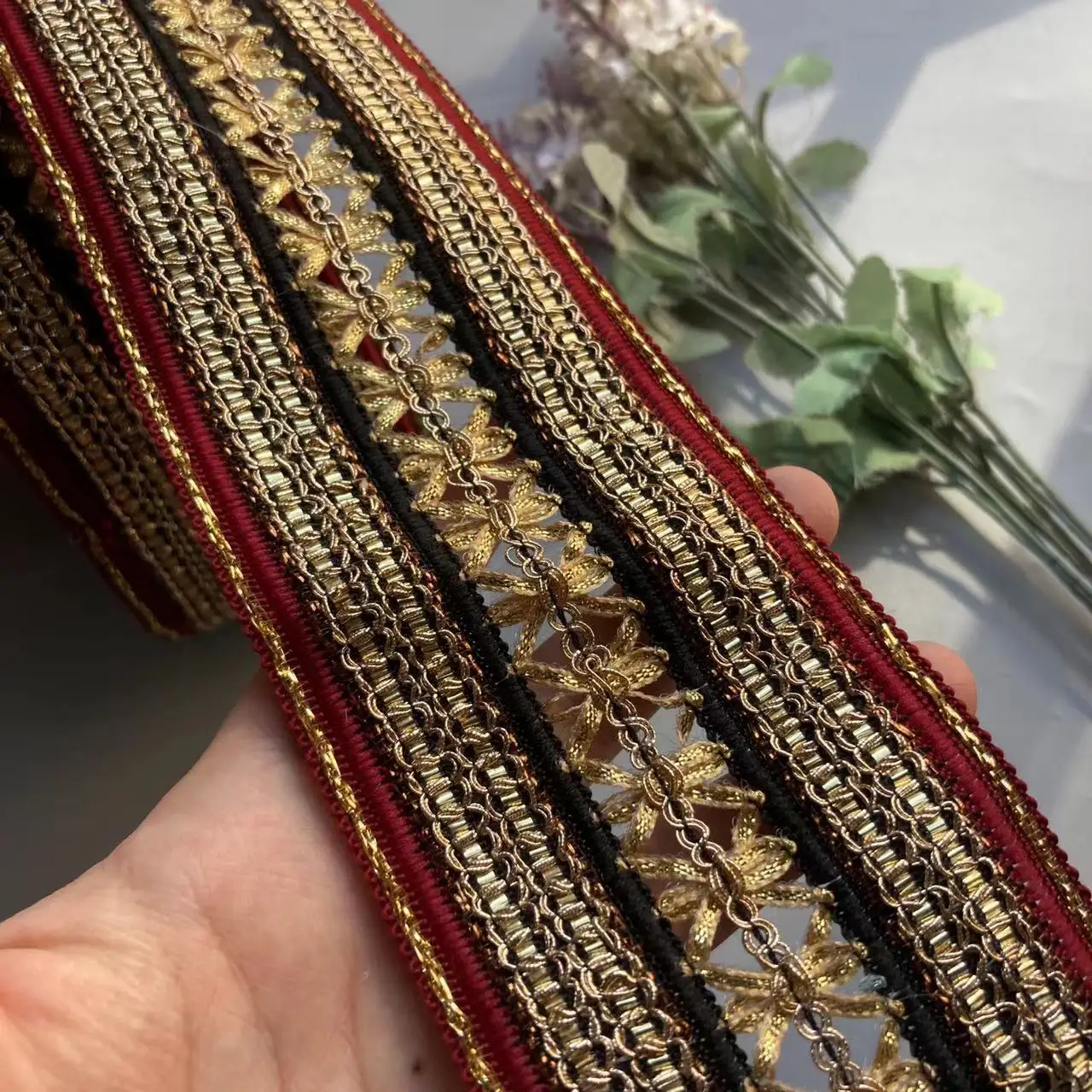 1 Yard 7cm rice lace trim ribbon ethnic clothing gold thread embroidery sequin fabric jacquard webbing