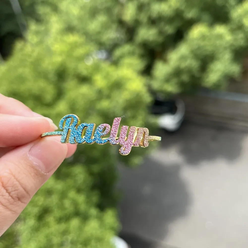 Duoying Custom Name Necklace Colorful Dainty Glitz Glam Nameplate Bangles Cuff Stainless Steel Gold Jewelry Set For Kids