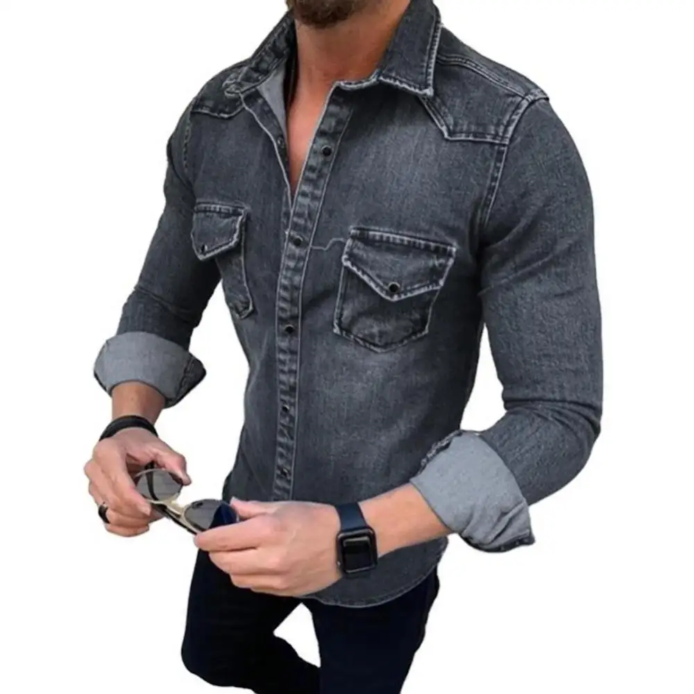 

Fashion Long Sleeve Slim Fits Lapel Collar Pockets Denim Shirt Casual Men's Top denim shirts Джинсовые рубашки 2023 New