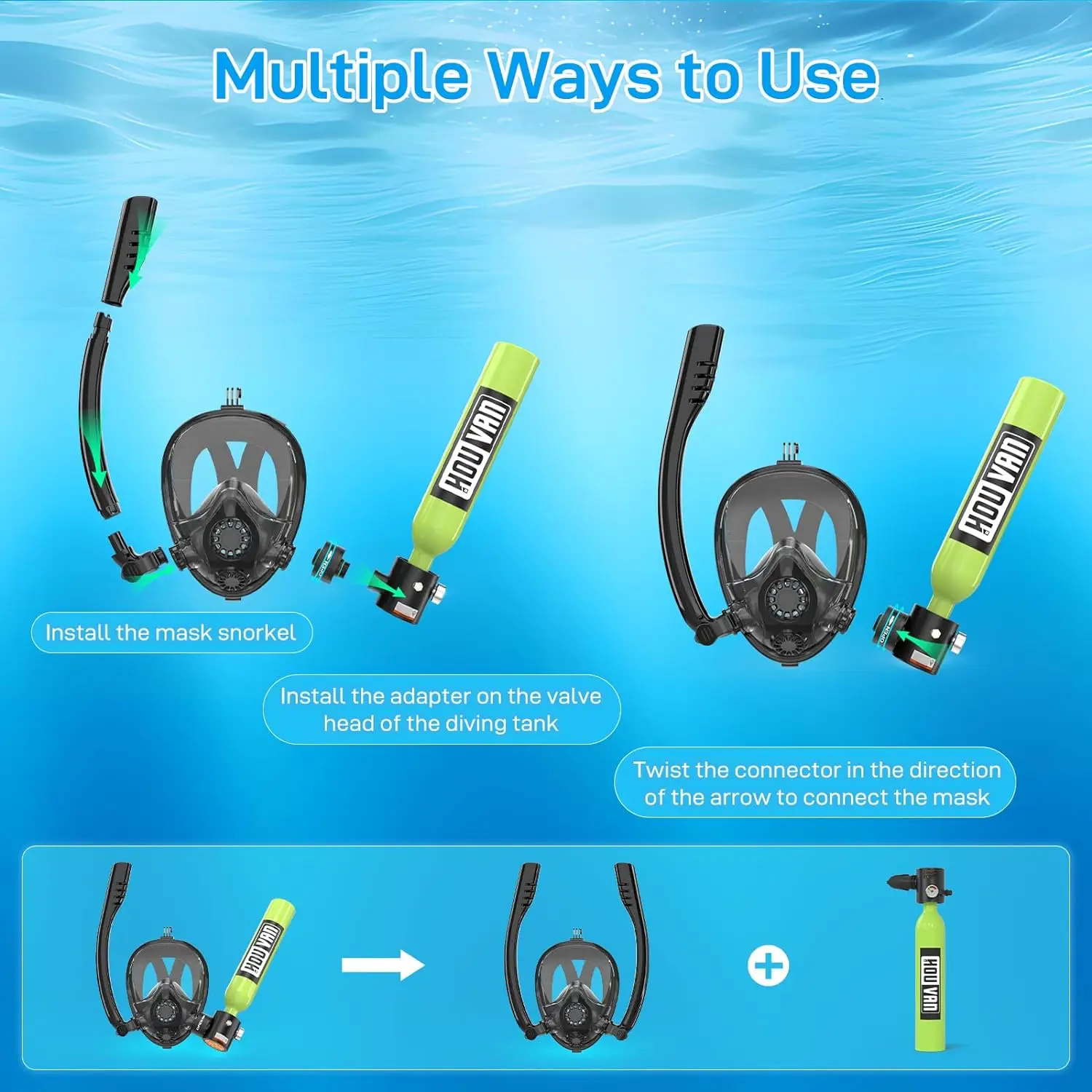 HOUVAN Snorkeling Full Face mask with Mini 0.5L Scuba Diving Tank Underwater Swimming Cylinder Dive Equipment Outdoor Travelling
