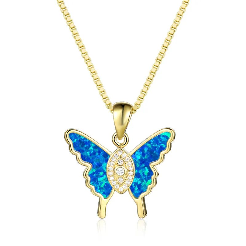 Female Cute Butterfly Pendant Necklace White Blue Opal Stone Animal Necklace Fashion Gold Silver Color Chain Necklaces For Women