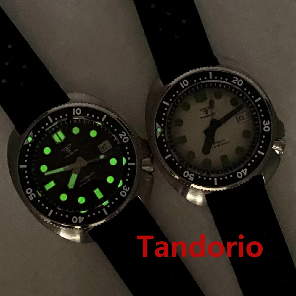 44mm Tandorio NH35A Automatic Movement Mens Watch 20ATM Diver Sapphire Glass Green Luminous Rubber/Stainless Steel Strap Date