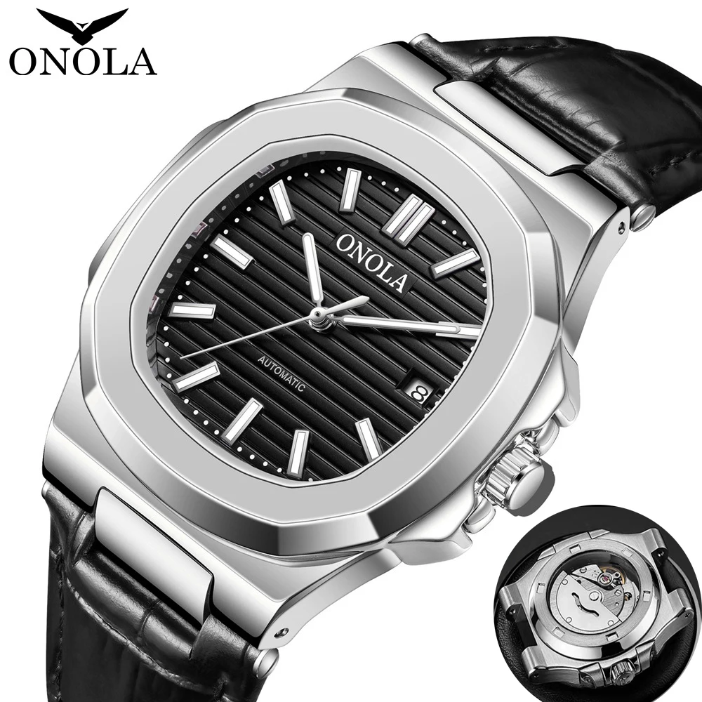 

Luxury Automatic Watch For Mens Top Brand ONOLA Fashion Leather Strap Clock Business Black Mechanical Watches Mans Dropshipping