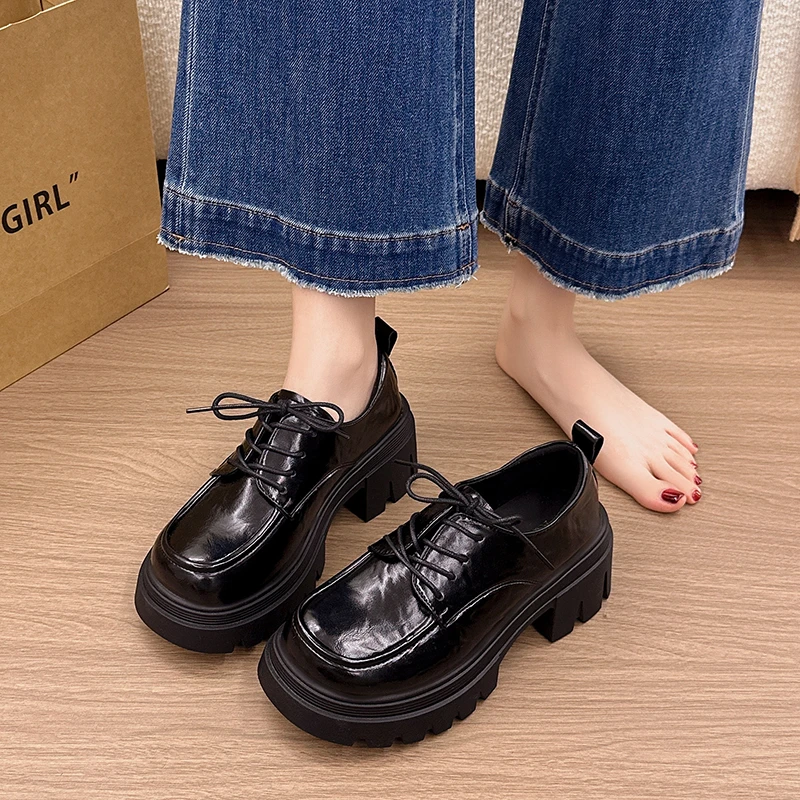 Aphixta 6cm Square Heel Women Loafers Lace Up Classic Woman Spring Shoes Platform High Quality Leather Ladies Casual Shoes