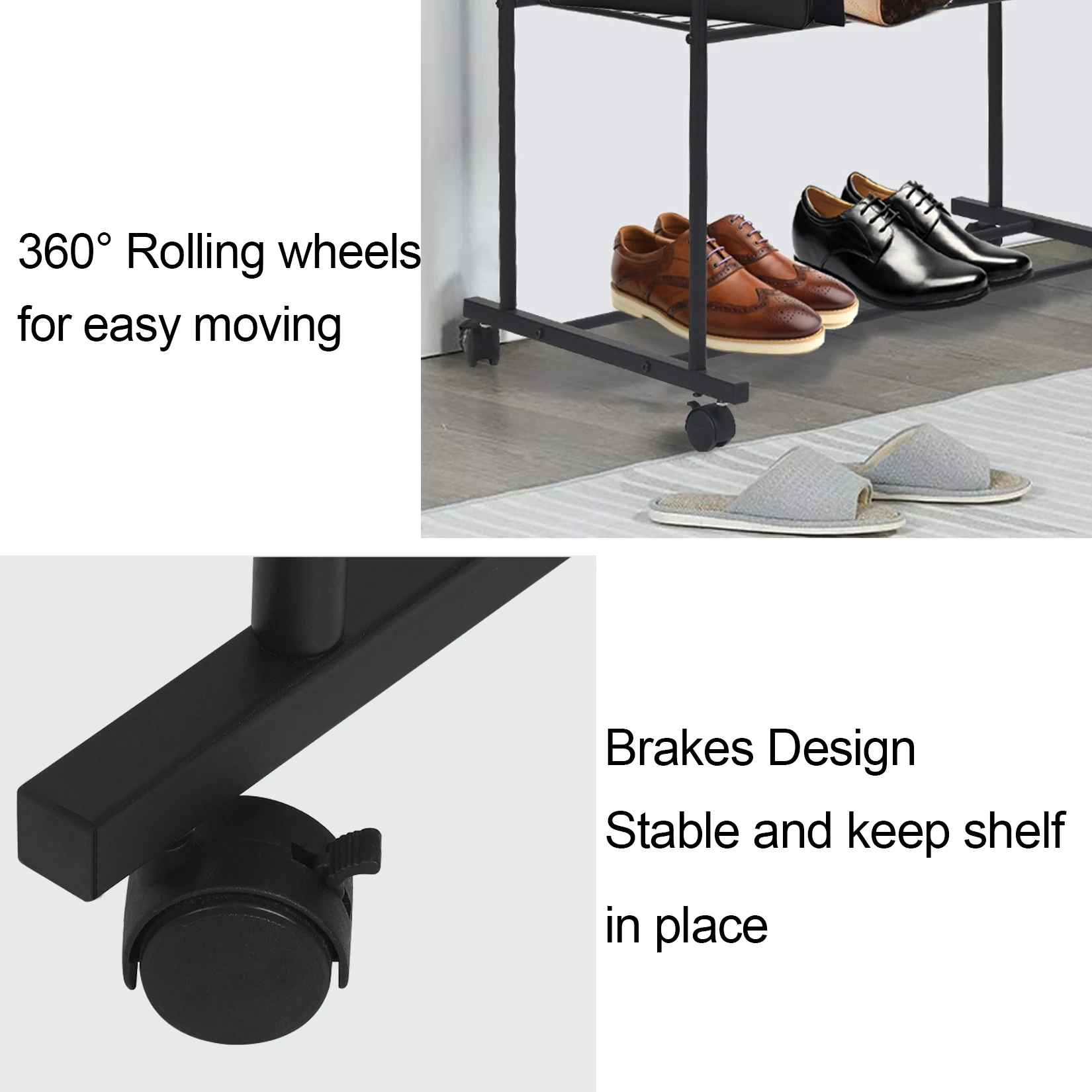 Rolling Clothes Rail Rack Garment Cloth Hanging Rack with 2 Tier Storage Shelves 6