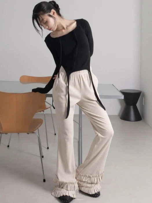 Spring 2025 Dongda Gate Women's Slim Fit Bell Bot Pants Elastic Micro Flared Pure Color Floral Lace Long Trousers