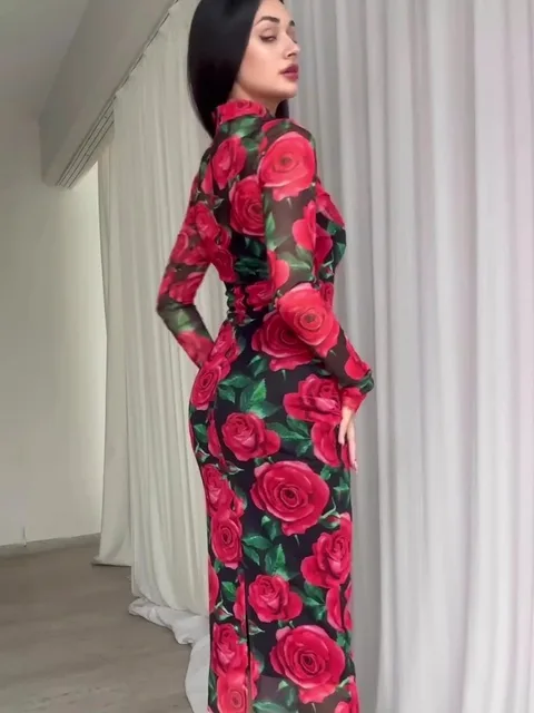 Springtime Elegance in Bloom: ZHUOLIN's Red Flowers Printed Dress