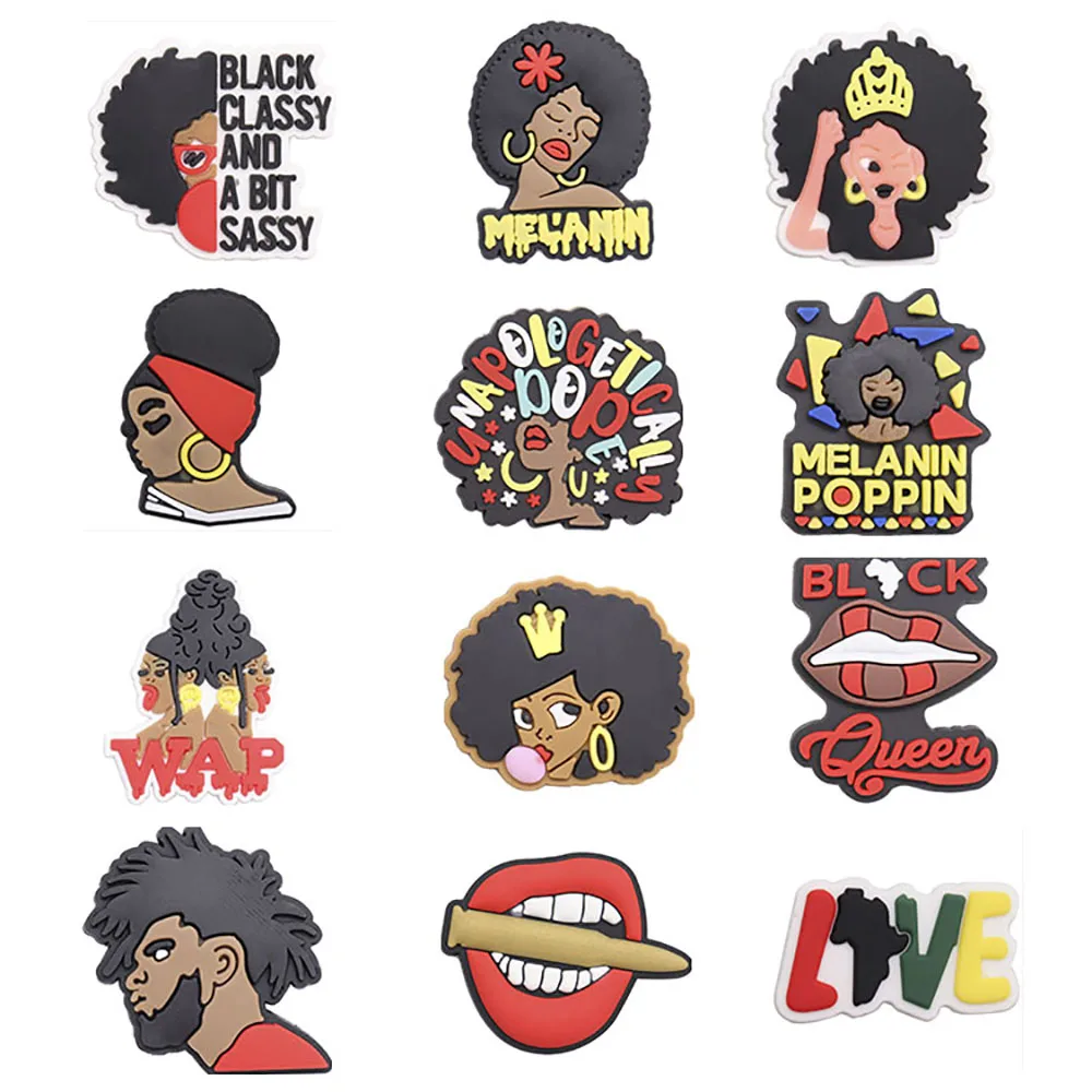 

Mix 50PCS PVC Cartoon Croc Charms Black Lives Matter Women Men Melanin Poppin Queen Garden Shoes Button Decorations Accessories