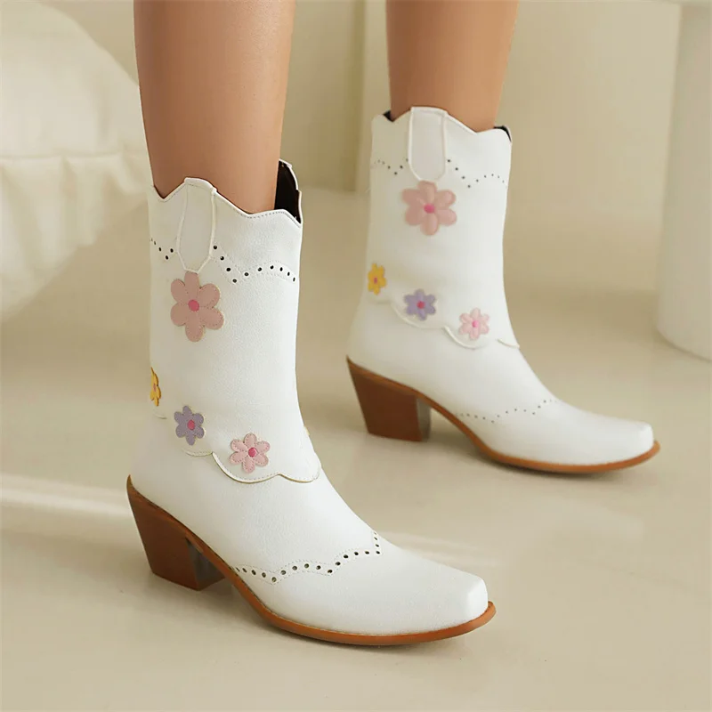 

IPPEUM Cowboy Boots For Women White Country Western Mid Calf Vintage Embroidered Cowgirl Botas Femininas Tendencia 2023