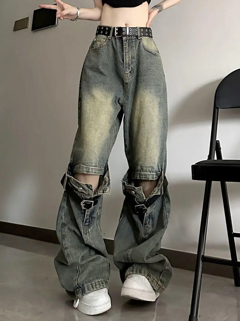 

Fashion Vintage Bandage Jeans Women's Patchwork Ruffled Versatile Streetwear Loose High Waisted Button Hollow Out Wide Leg Pants
