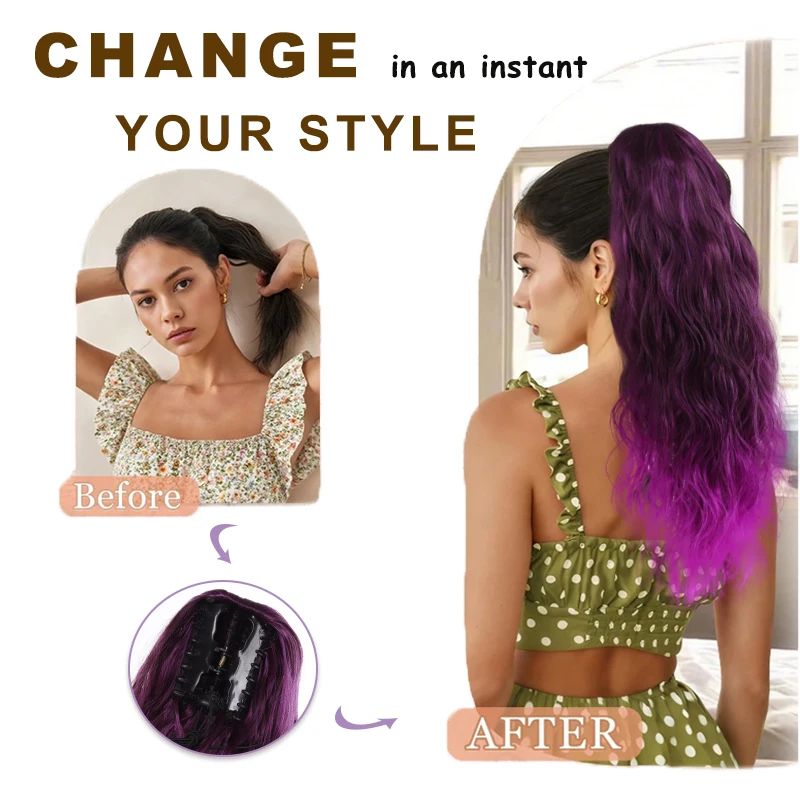 Graduated Color 20 Inch Wave Pattern Heat Resistant Synthetic Tail Extension Hair Accessory for Girls Claw Style Ponytail Wig
