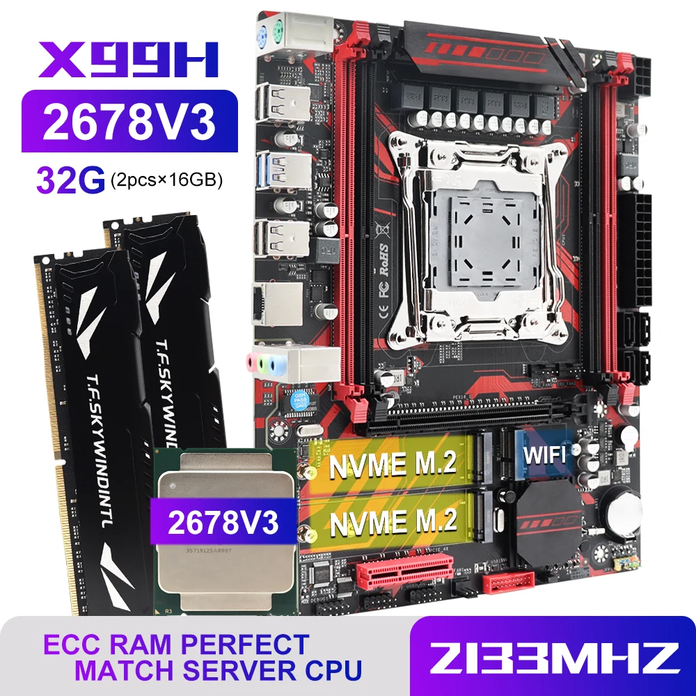 X99-BD4 마더보드 세트 키트, 인텔 LGA2011-3 제온 E5 2678 V3 CPU DDR4 32GB (2*16GB) 2133MHZ RAM 메모리 NVME M.2 SATA 