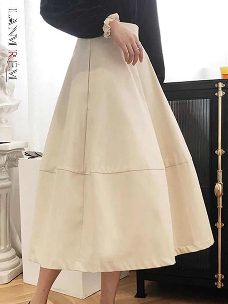 

[LANMREM] Vintage Spliced High Waist Skirt For Women Solid A-line Button Zipper Mid-length Casual Loose 2023 New Spring 26D842