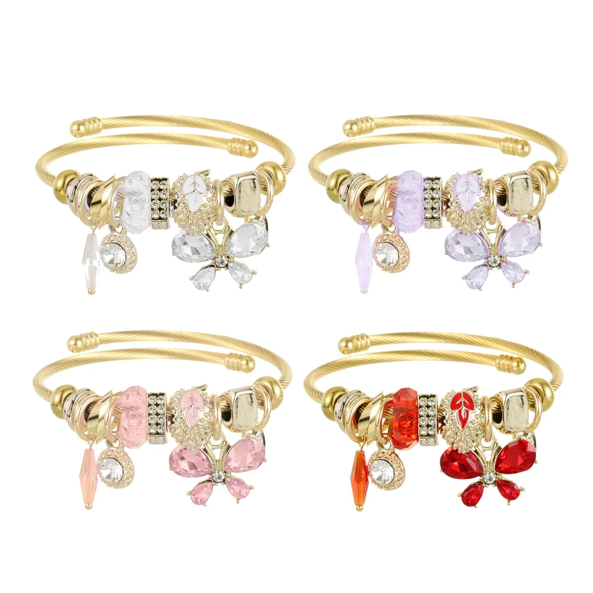

Heart Lock Bracelet Bangles Key Crystal Butterfly Love Pendant Glod Color Stainless Steel Jewelry Fashion Gift for Friend