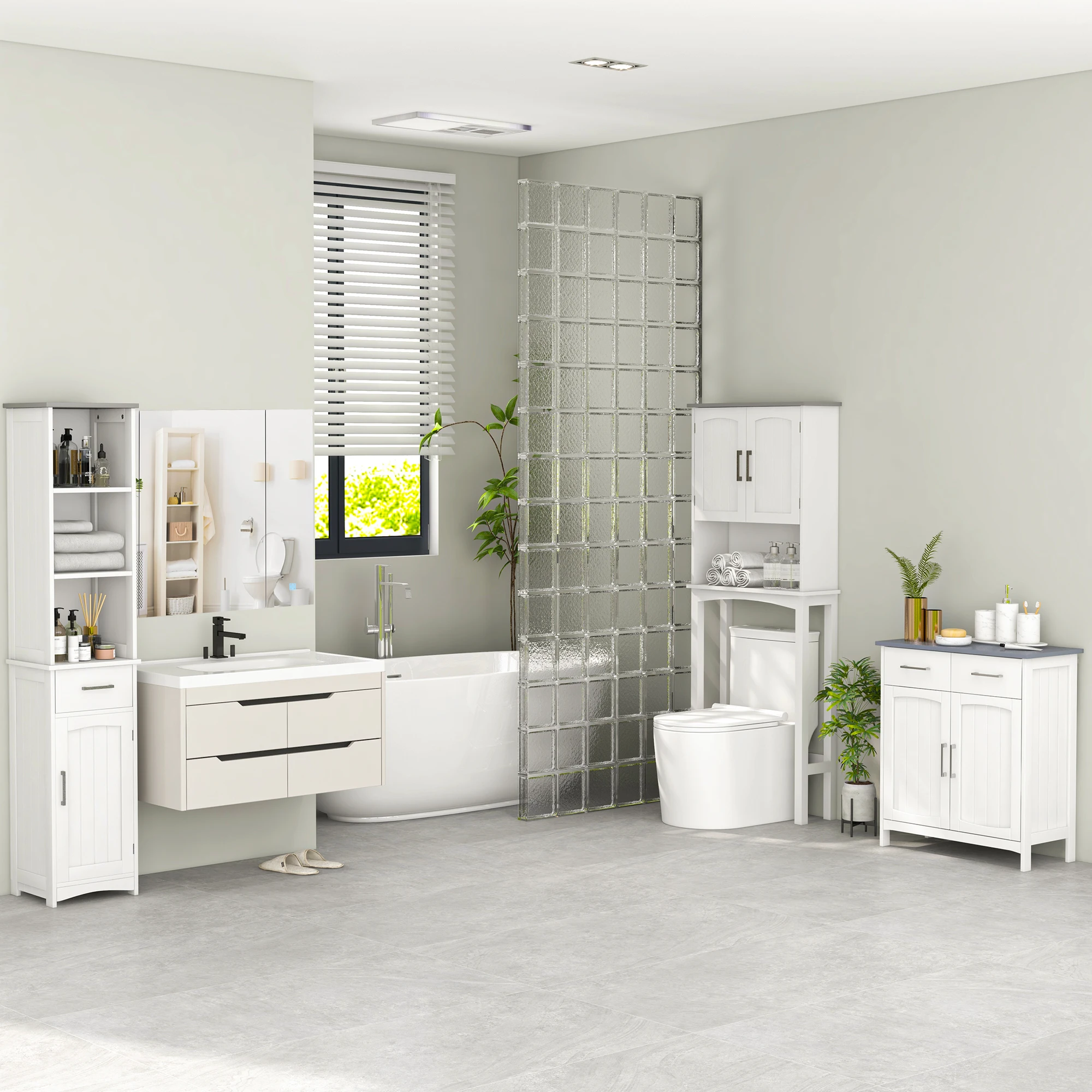 Kleankin Bathroom Floor Cabinet, Freestanding Linen Cabinet, Storage Cabinet with 2 Drawers, Double Doors, Adjustable Shelf 6