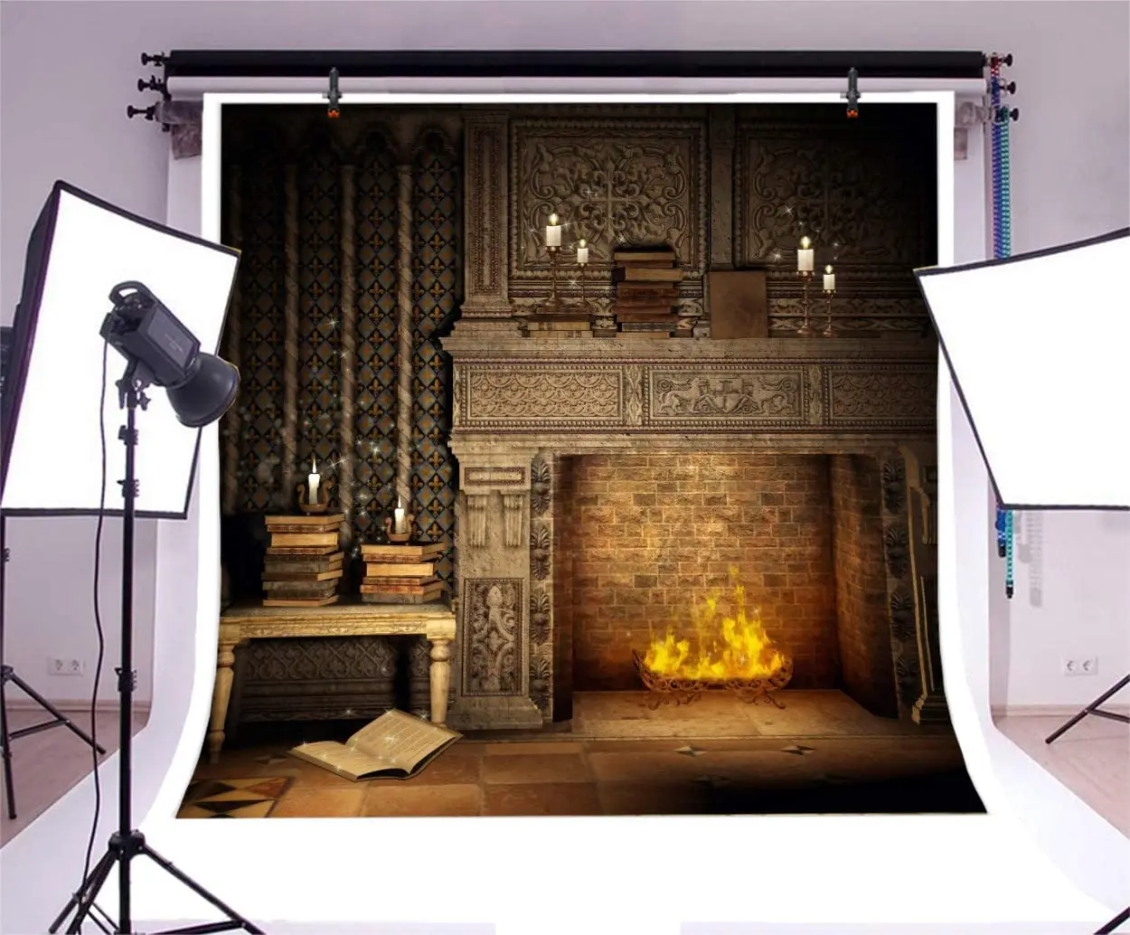 Fantasy Room Interior Photography Sfondo Fiamma E Camino Libri Magici Candela Retro House Banner Sfondo