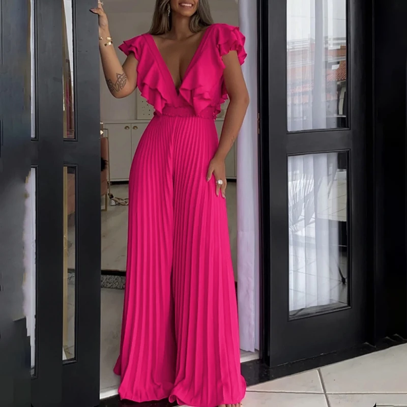 

High Street Ruffle Edge One Piece Fashion Lady Solid Deep V-Neck Party Overall Elegant Women High Waist Pleat Pant Long Jumpsuit