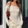 Fashion Backless Off Shoulder Long Sleeve Crop Tops Sexy Slimming Women T-shirts 2024 New High Street Casual Slim Women Clothing 1