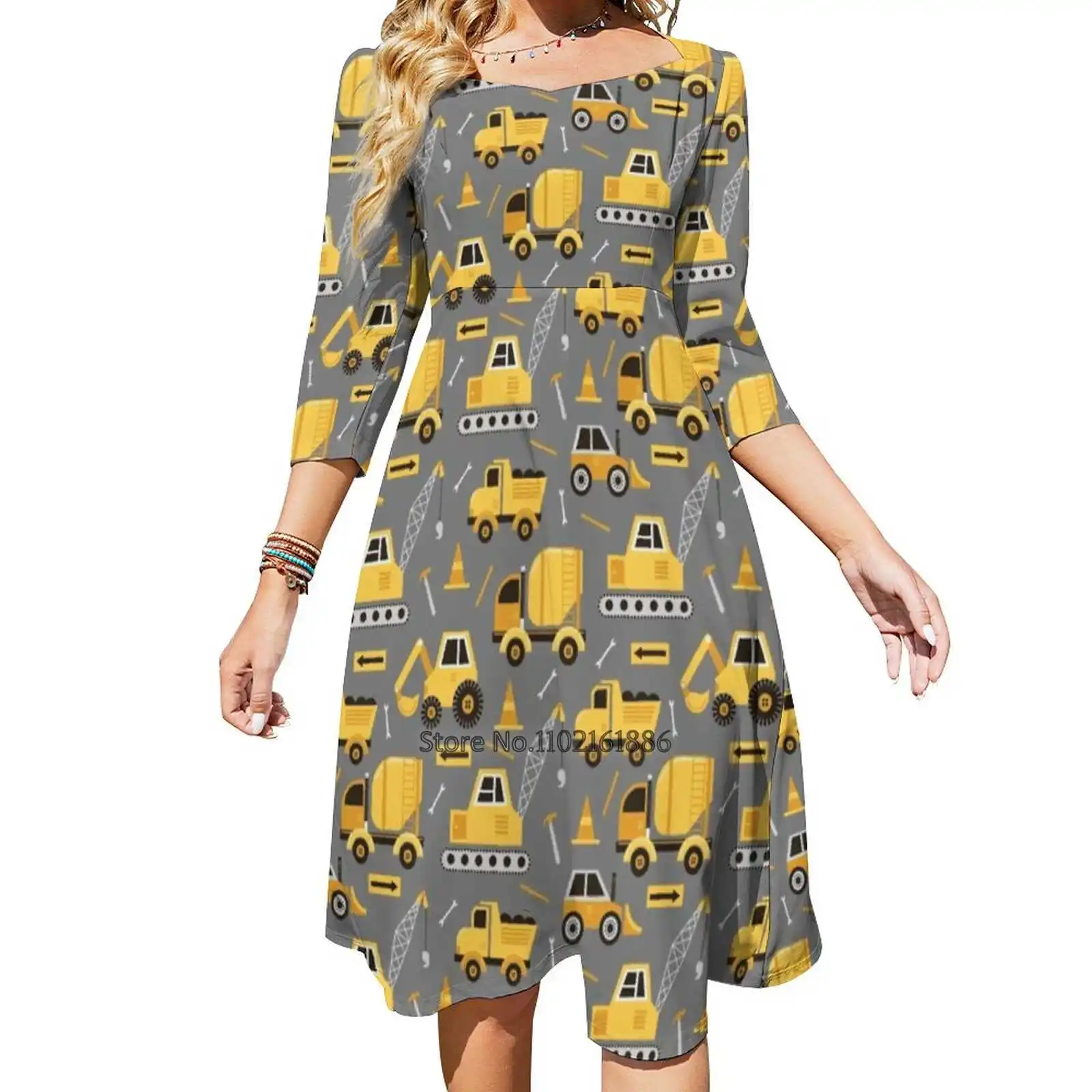 

Construction Trucks On Gray Back Lacing Backless Dress Square Neck Dress Evening Party Dresses Midi Sexy Dress Construction