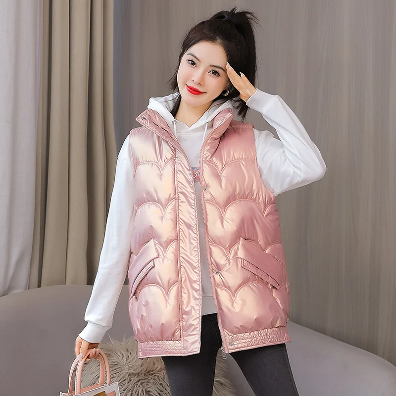 

New Short Glossy Parka Vest Fashion Solid Winter Jacket Women Casual Sleeveless Stand Collar Parka Coat Female Waistcoat