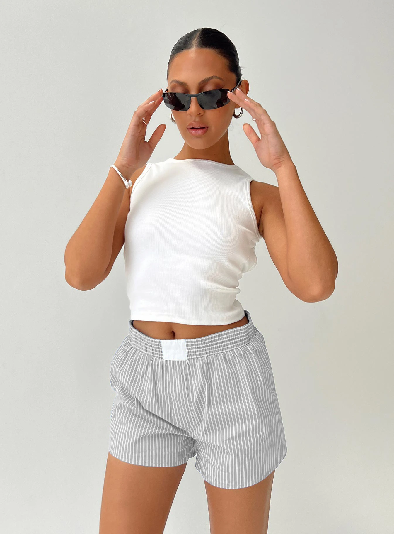 Women Summer Casual Pajama Shorts Kawaii Striped Boyshorts Elastic Loose Fit Button Lounge Bottoms Pj Y2K Home Suit_ecoleips.com