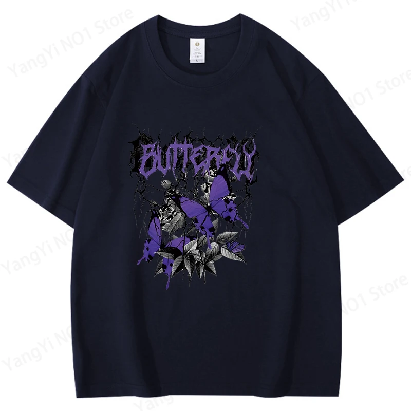 Purple Butterfly Graphic Unisex Cotton T-Shirt - Short Sleeve Summer Fashion Top in Plus Sizes