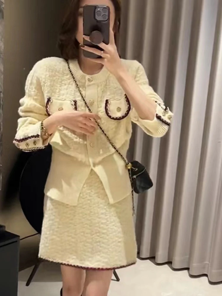 Women  Autumn Winter New Red Knitted 2 Piece Sets Office Lady Long Sleeve Knitted Cardigan Sweater High Waist Skirt Suit Women\'s