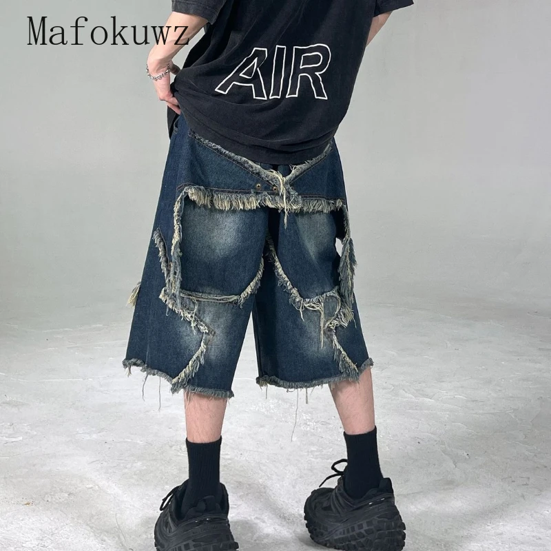 American Retro Niche Star Patches Tassel Denim Shorts Men's Loose Casual Hip-hop Street Five-point Pants Men Bottom Male Clothes