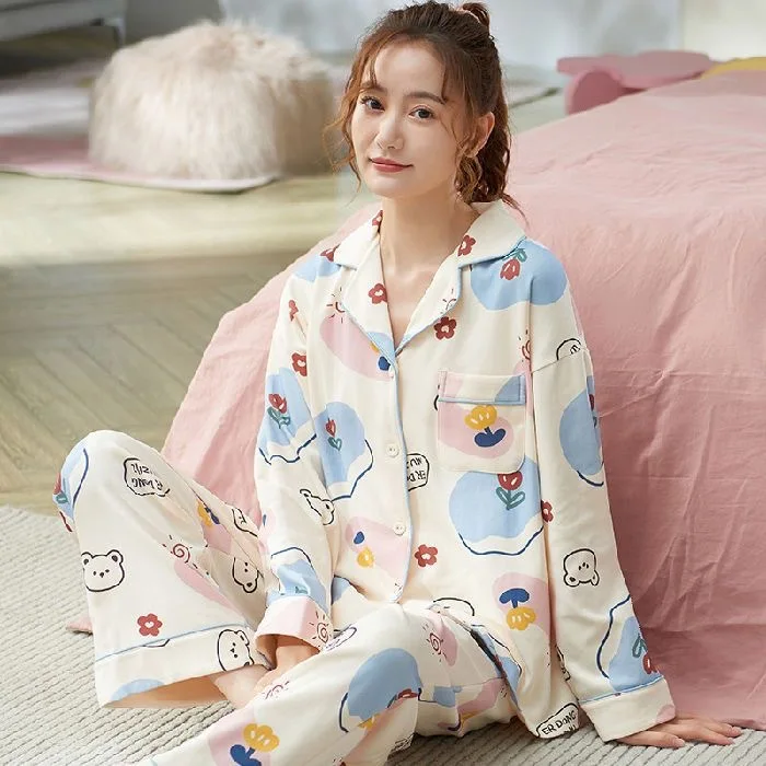 Spring and Autumn Female Loose Sleepwear Sets Long Sleeve Trousers Women Pajamas Set Cardigan Elegant Pijama for Women 2 Pieces