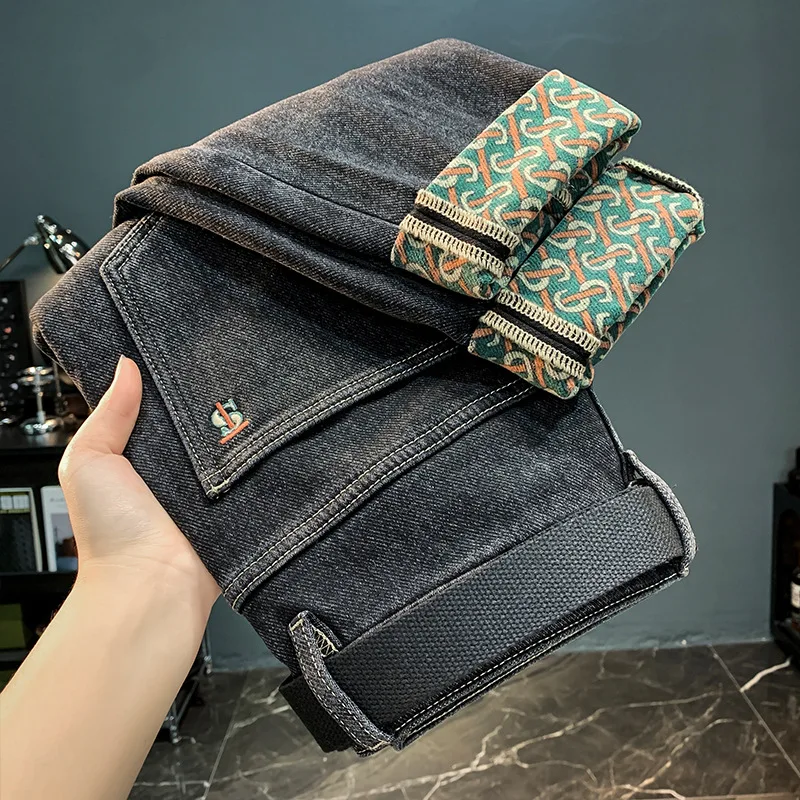 High-End Affordable Luxury Men's Fleece Jeans Thick Winter Trendy Printed Warm Trousers Korean Slim Fit Skinny Pants