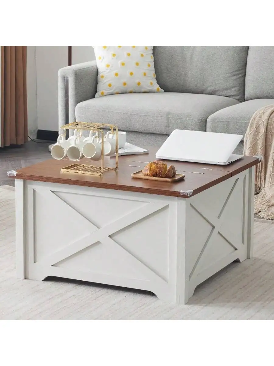 Karl Home Square Coffee Table With Storage Farmhouse Rustic White Coffee Tables For Living Room Wood Center Table With H 6