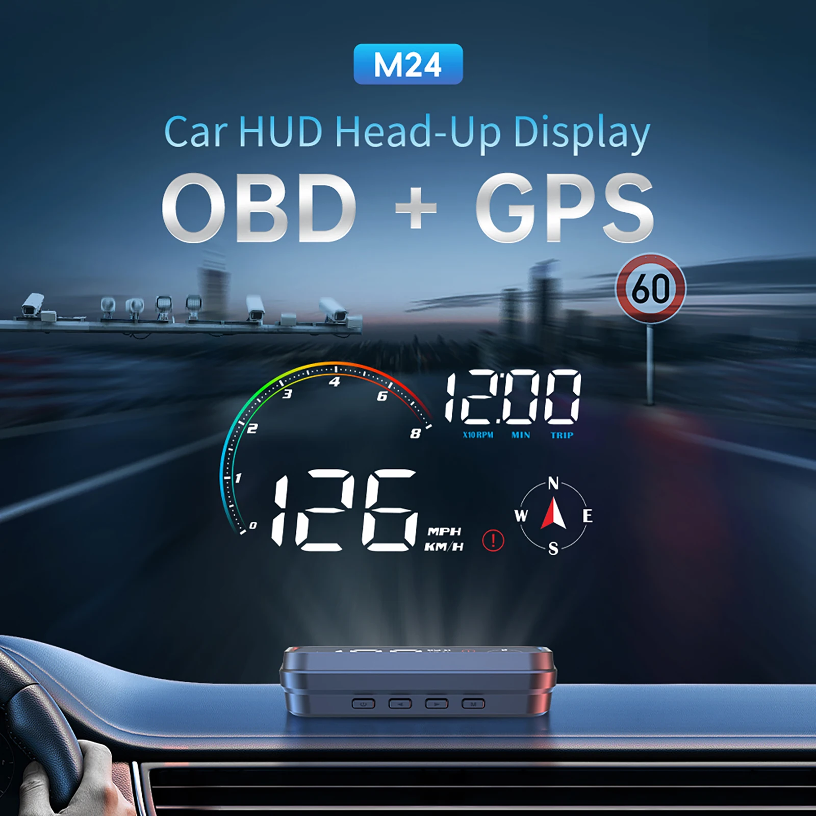 M24 차량용 HUD 헤드업 디스플레이 OBD+GPS 듀얼 시스템 온보드 컴퓨터 (디스플레이 속도계, 수온, 연료 소비량 포함)
