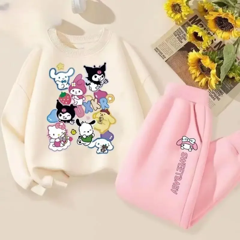 

Детский Повседневный свитер Sanrio, костюм с мультяшными героями, топы, штаны, верхняя одежда, модный костюм My Melody Cinnamoroll Kuromi для мальчиков и девочек, новогодние подарки