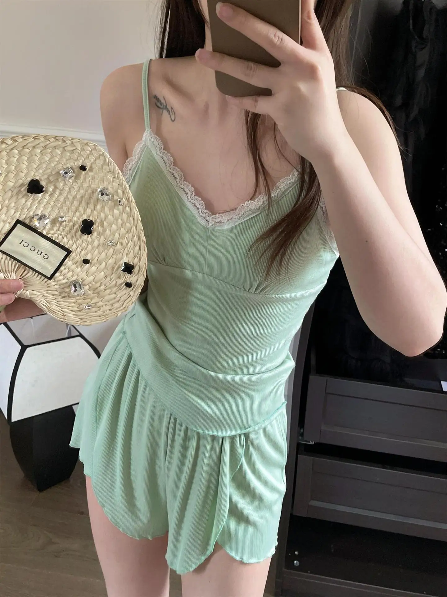 Pajamas for women with chest pads, summer thin Modal suspender shorts, sexy home clothing set, can be worn externally