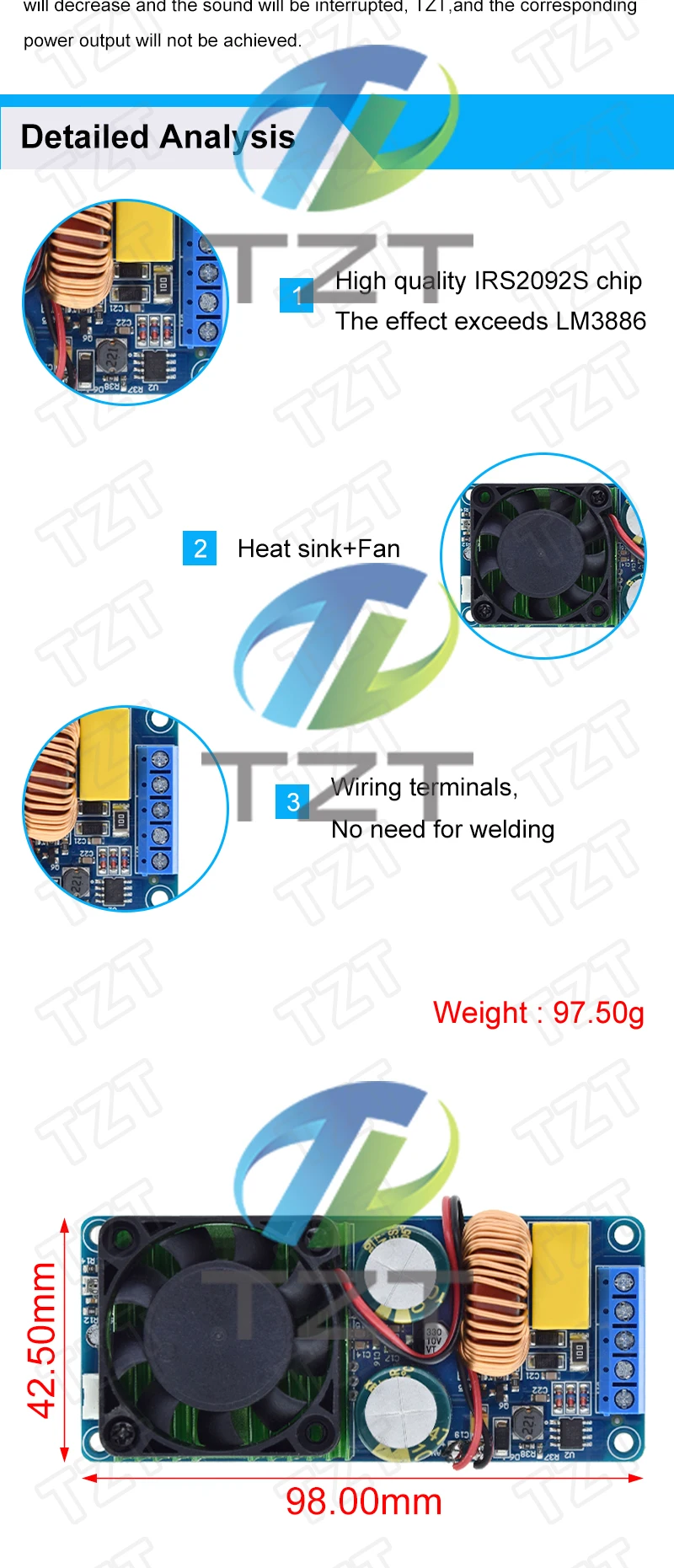 TZT 1/2/5 Stück HIFI Power IRS2092S 500W Mono-Kanal Digitaler Leistungsverstärker Board Klasse D Stufe – Detail 3