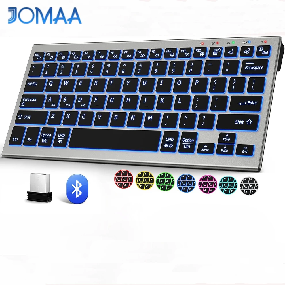 JOMAA Bluetooth-Funktastatur mit 7-farbiger Hintergrundbeleuchtung, wiederaufladbar, kompakt, kabellos, für Windows-PCs_voghion.com