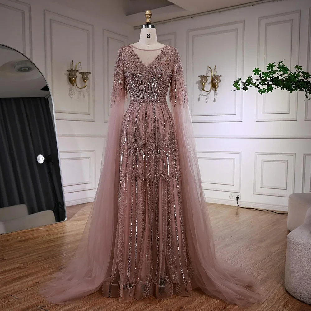 green emerald velvet dress Rose Gold Lace Prom Dresses Long Sleeve Beaded Evening Dress 20085 –  Viniodress main image 1