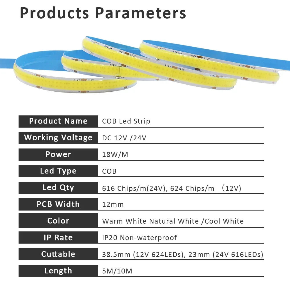 DC12V 24V COB LED 스트립 5m 10m 더블 로우 슈퍼 브라이트 플렉시블 디머블 LED 라이트 RA90 램프 테이프 조명 3000K 4000K 6500K