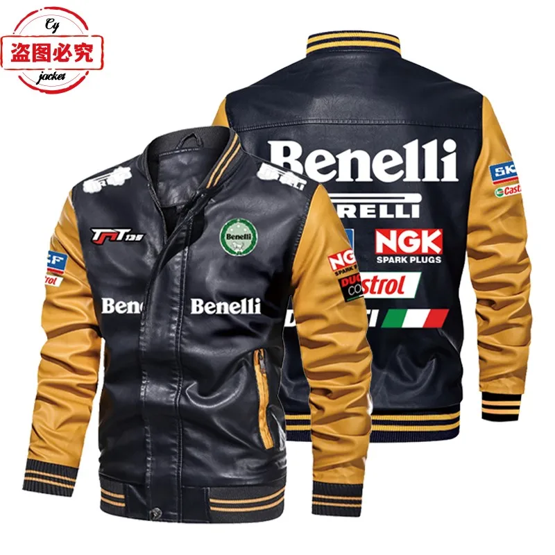 Benelli motorcycle LOGO cycling jersey color-blocked washed pu leather men's Benelli bomber jacket 4