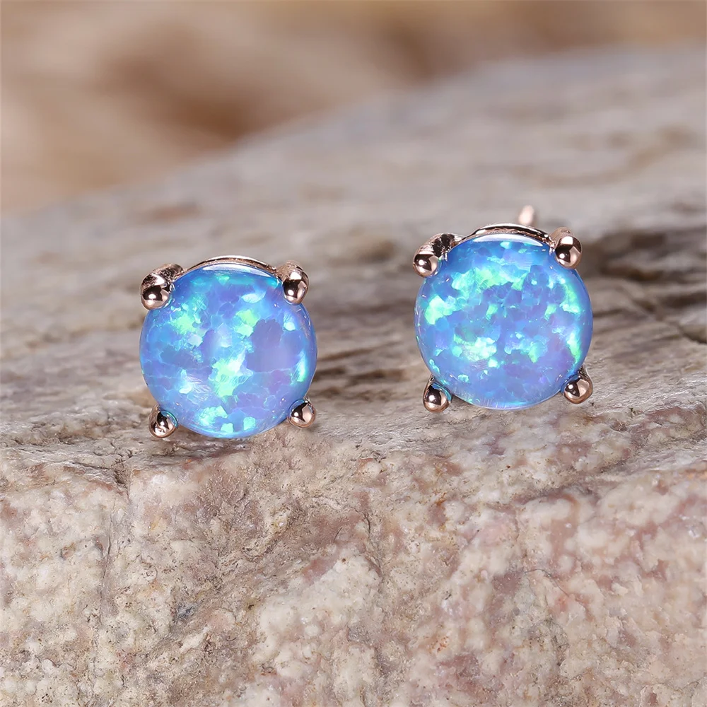 Pink White Blue Green Opal 6MM Round Stone Stud Earrings For Women Rose Gold Color Wedding Jewelry Minimalist Engagement Gifts
