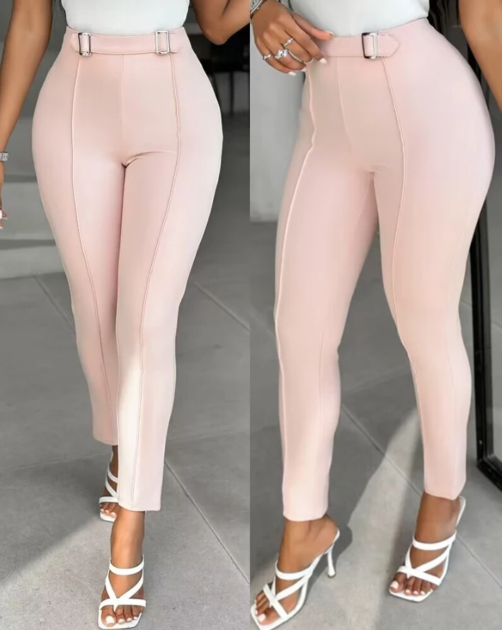 Women's New Fashion Buckled Piping High Waist Skinny Pants Women Clothes Temperament Commuting Female Casual Plain Trousers casual skinny elastic high waist stretchy sports sweatpants women trousers fashion flared leggings joggers new skinny slit pants