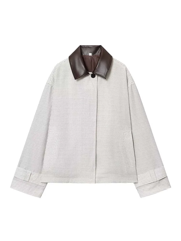 Women Leather collar Jacket 2025 New Autumn Fashion Grid Print Long Sleeve Zipper Loose Coat Chic Female High Street Outerwear ﻿